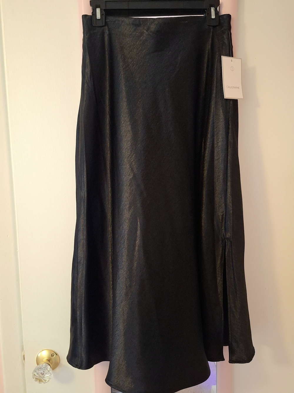 NWT Black Satin A-Line Midi Skirt